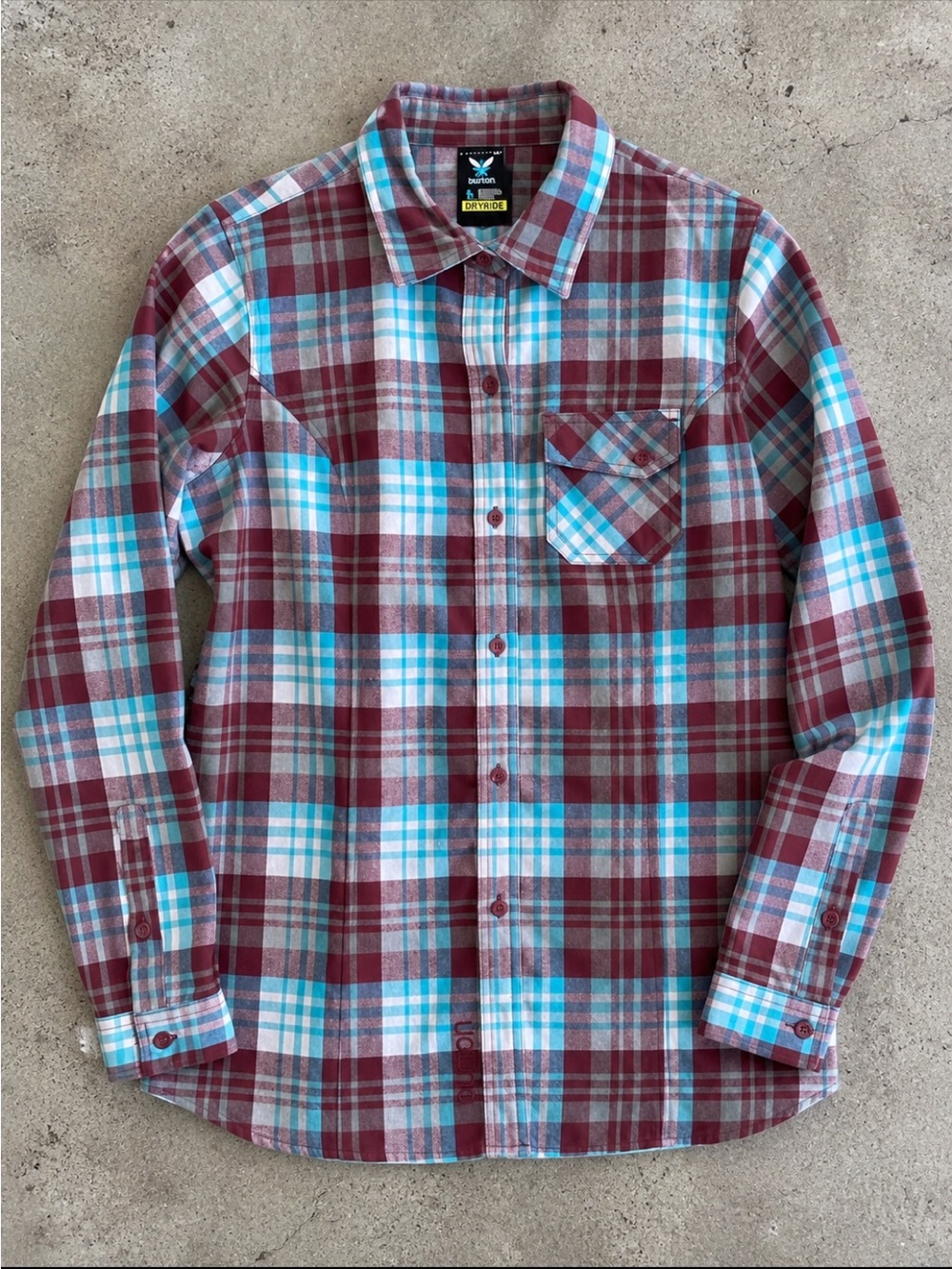 Burton Dryride Plaid Flannel Shirt Woman Large Burgundy Teal Snowboard Outdoor
